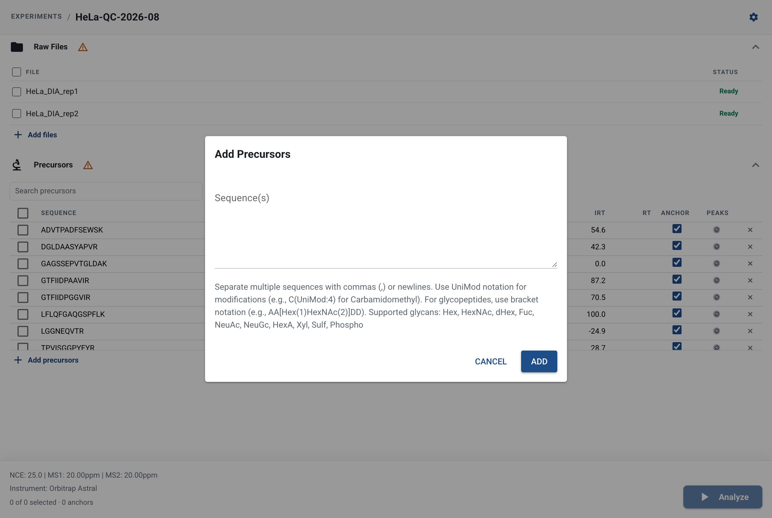 SpectraLens Add Precursors dialog opened over the precursor list