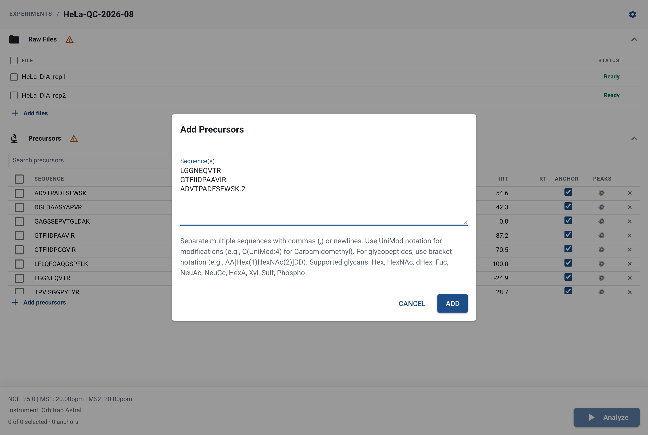 SpectraLens Add Precursors dialog with three target sequences entered